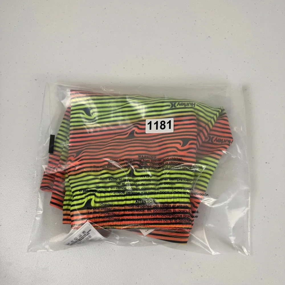 Hurley Boys 7 Swim Trunks Orange Neon Yellow Striped Shark Fin Board Shorts NWOT